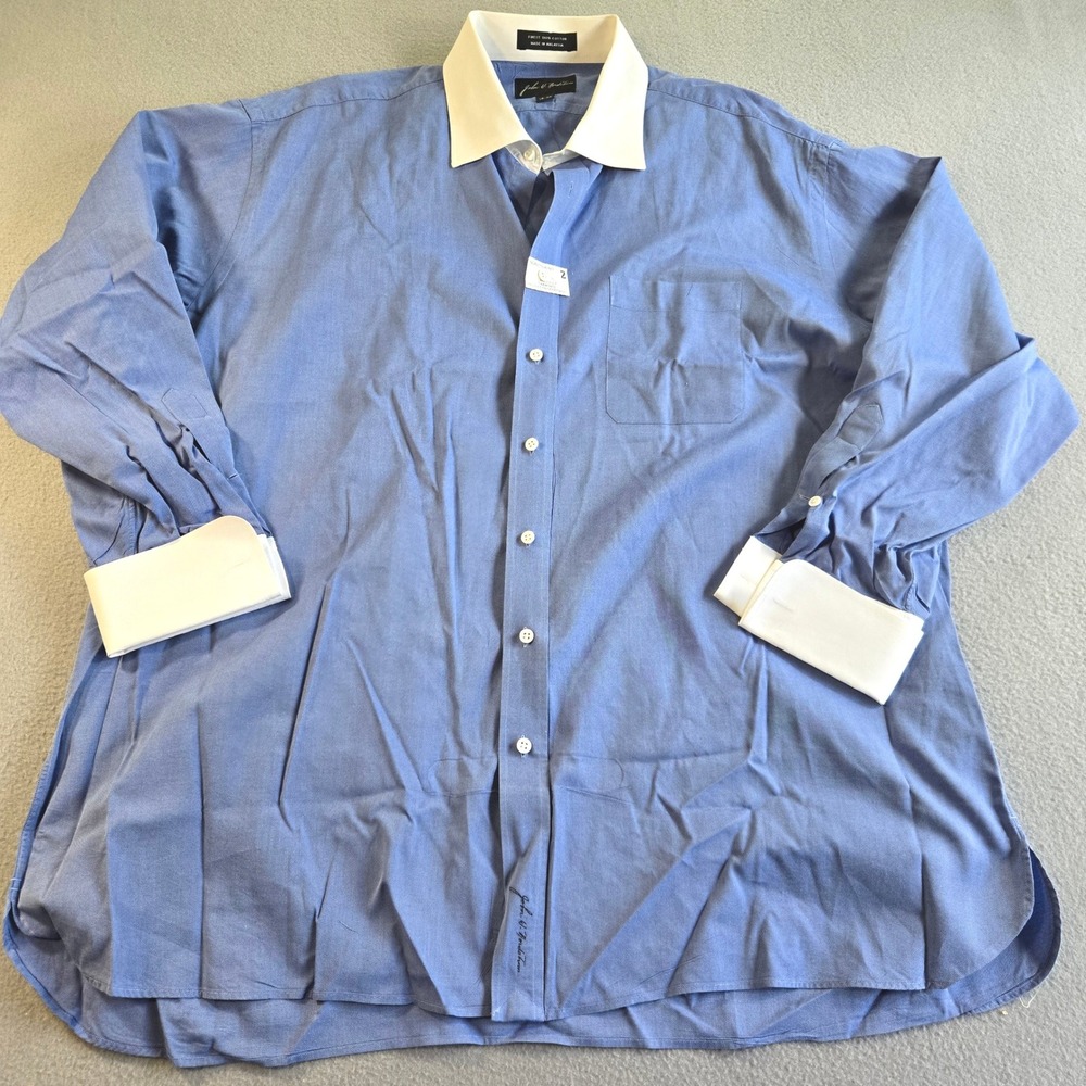 John W. Nordstrom Dress Shirt Mens 18-34 Blue White Contrast Collar French Cuff